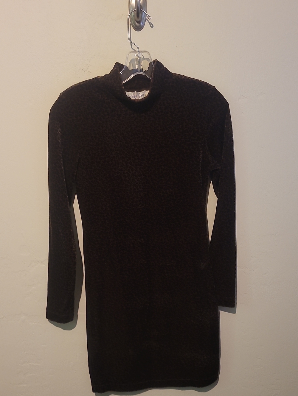 Velvet Leopard Print Brown Mock Neck Women's Mini Sweater Dress